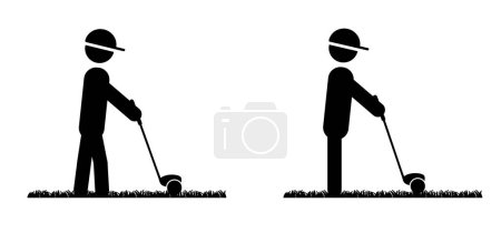 Illustration for Stickman, stick figure man with golf stick and grass field. Golf player and golf course icon. Golf club with a ball silhouette. Sportsman hitting ball with niblick. - Royalty Free Image