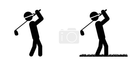 Illustration for Stickman, stick figure man with golf stick. Golf player and golf course icon. Golf club with a ball silhouette. Sportsman hitting ball with niblick. - Royalty Free Image
