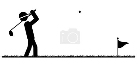 Illustration for Stickman, stick figure man with golf stick. Golf player and golf course icon. Golf club with a ball silhouette. Sportsman hitting ball with niblick to hole and flag. - Royalty Free Image