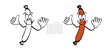 Illustration for Cartoon bratwurst, hot dog, sausage on fork. Fast food icon. Sausages logo. Barbecuing, bbq snacks symbol. Junk foods. Yummy smile with tongue lick or licking, laugh symbol. - Royalty Free Image