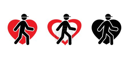 Illustration for Cartoon healthy lifestyle concept with love, heart symbol. Stay Fit, get fit or stay cool. icon. Fitness, gym at home, workout house or training sport exercise. Walk or walking, simple exercises - Royalty Free Image
