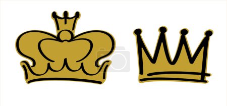 Ilustración de Dibujos animados corona de dibujo dorado. Icono de la corona de graffiti, coronas reina o rey. Símbolos reales de coronación imperial, majestuosos iconos de la diadema de la joya. Prins en príncipes, diademas o coronas de oro diamante - Imagen libre de derechos