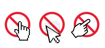 Illustration for Hand clicking, click on pc mouse, cursor arrow. Cartoon hand as computer mouse, cursors is clicking on the symbol of do not enter. Entrance into fobidden and banned place. No, not allowed sign. Spam - Royalty Free Image