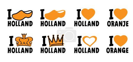 Ilustración de Lema Me encanta naranja u oranje. Reina o rey corona icono. Fiesta tradicional en fiesta. Holanda, el Día del Rey o el Día de la Reina. zuecos para caminar, letrero de zuecos granjas. Los Países Bajos zapato - Imagen libre de derechos