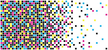 Illustration for Cmyk, dotted dot point pixels. Vector pixel date icon. Monochrome seamless pattern. Mosaic background. Raster square shapes sign. Computer pixelated. Cyaan, magenta, yellow and black. - Royalty Free Image