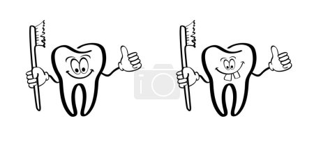 Illustration for Cartoon tooth with gums and toothbrush. Molar line pattern. Vector drawing silhouette icon. Damage teeth brush or tooth brush with caries. Cracked tooth, mouth and dental, damaged. - Royalty Free Image