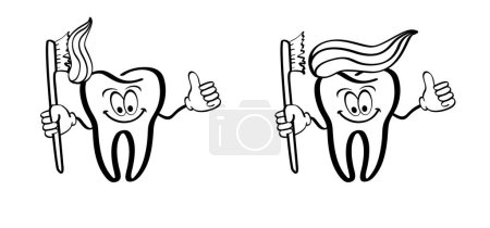 Illustration for Cartoon tooth with gums, toothbrush and toothpaste. Molar line pattern. Vector drawing silhouette icon. Damage teeth brush or tooth brush with caries. Cracked tooth, mouth and dental, damaged. - Royalty Free Image