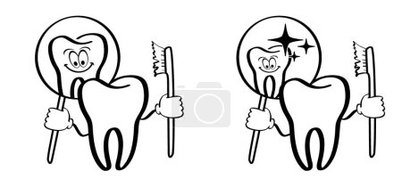 Illustration for Cartoon tooth with gums and toothbrush, Molar logo and mirror. Vector toothpaste tube. Damage teeth brush or tooth brush with caries. Cracked tooth, mouth and dental, damaged. - Royalty Free Image