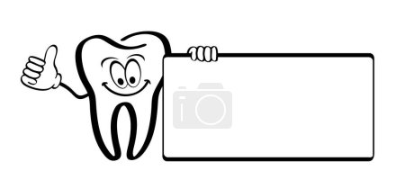 Illustration for Text board. Cartoon tooth with gums and empty sigboard, Molar logo. Vector damage teeth brush or tooth brush with caries. Cracked tooth, mouth and dental, damaged. - Royalty Free Image