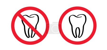 Illustration for Prohibited tooth with gums icon. Molar line pattern. Vector no ban, warning sign. Damage teeth brush or tooth brush with caries. Stop, forbidden cracked tooth, mouth and dental, damaged. - Royalty Free Image