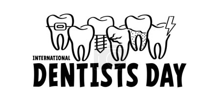 Illustration for International or world dental day, dentists day. Cartoon healthy, tooth with gums. Vector drawing icon. Damage teeth or tooth with caries. Cracked tooth, mouth and dental, damaged. - Royalty Free Image