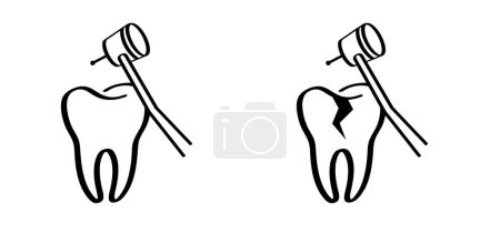 Illustration for Dentist drill or dental drill for dental clinic. Cartoon tooth with gums and tooth drill, Molar logo. Damage teeth brush or tooth brush with caries. Mouth hygiene symbol. Tooth drilling machine. - Royalty Free Image