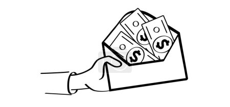 Cartoon-Bündel aus Papiergeld und Hand. Vektor-Dollar, Geldscheine oder Geldscheine. Geldscheine für Bargeld und Währung. Banknoten, Banken finanzieren Investitionen. Amerika gegen Flagge. Briefumschlag, Postsymbol
