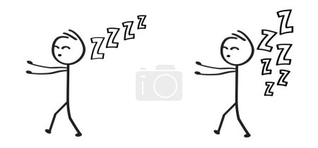 Illustration for Sleepwalking or sleep walking. Cartoon clock sleep time. Face eye, sleep icon, night dreams and bedtime idea. Sleeping or walk sign. Sweet dreams. Zzz, Zzzz, snooze. Ringing eyes pictogram. - Royalty Free Image
