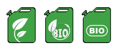 Illustration for Cartoon green biofuel gasoline, jerrycan with handle. Bio jerry can, recycl. Canisters symbol. Fuel tank for transporting and storing petrol. Can jerrycan, canister recycling. - Royalty Free Image