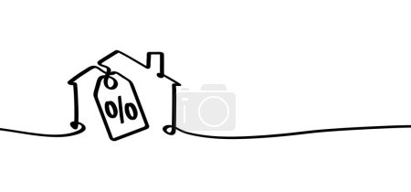 Illustration for Or sale, loan house percent, discount sign. Credit percentage Cartoon house line pattern. Home icon or symbol. One continuous line drawing. buildings or houses logo. Key icon. - Royalty Free Image