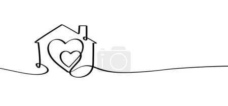 Illustration for Cartoon love house line pattern. Home icon or symbol. One continuous line drawing. buildings or houses logo. Heart icon. Home sweet home - Royalty Free Image