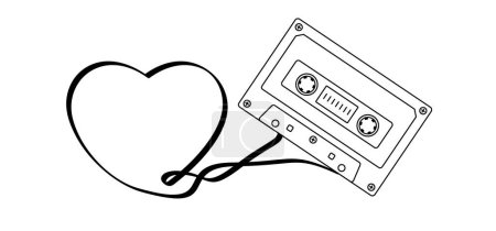 Illustration for Cartoon love, heart and audio record cassette. Drawing cassette tape symbol or icon. Retro music tape cassette, 1970s, 1980s style. Music audio record from 70s, 80s, 90s hits, mixtape. - Royalty Free Image
