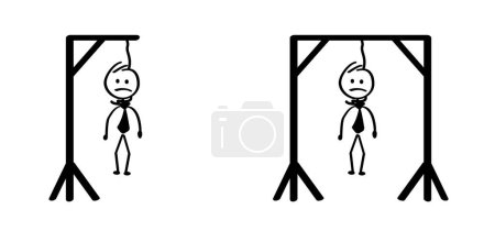 Illustration for Cartoon stickman stick figure man. Vector Gallow symbol. Gallows glyph icon or logo, hang and knot, rope sign. the boss, hangman noose knot. Drawing happy people. - Royalty Free Image