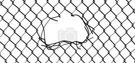 Illustration for Ripped steel wire chain. Chainlink fence. Safety fence pattern. Seamless chain link fence netting torn. Wire mesh steel icon. Grid metal chain-link. Metallic wired fence pattern. Rabitz with hole. - Royalty Free Image