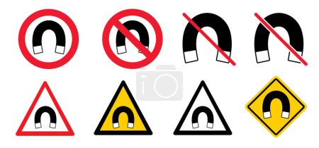Illustration for Stop, no magnetic field allowed sig. lines around a bar magnet. Danger magnet is on. Beware of strong electromagnetic field and magnetic force. Positive, negative. Prohibited, forbidden icon - Royalty Free Image