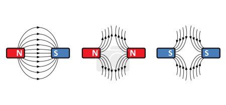 Illustration for Magnetic field lines. lines around a bar magnet. polar magnet diagram or schemes. Electromagnetic field and magnetic force. Positive, negative or north to south pole, earth. attract, repel icon. - Royalty Free Image