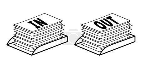 Illustration for Writing paper and in, out, letter tray. Trays for papers. Cartoon empty copy paper, stacked papers. Flat paper stack. Document, paperwork. Pile papers, file. Printouts, hardcopy documents. - Royalty Free Image