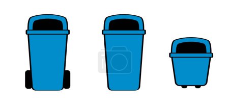 Téléchargez les illustrations : Poubelle bleue. Sac poubelle, conteneur. Poubelle ou poubelle. Les matières recyclables comprennent les boîtes alimentaires, les papiers, le carton, les journaux, les magazines, les bouteilles en plastique, les bouteilles en verre et les pots, les emballages. - en licence libre de droit