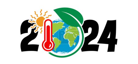 Ilustración de Le deseamos un feliz año nuevo 2024 conel símbolo del efecto del calentamiento global. Cartoon CO2, Stop, justicia climática ahora, cambio climático. so, salvar el mundo, la tierra o el planeta. Navidad, tiempo de Navidad - Imagen libre de derechos