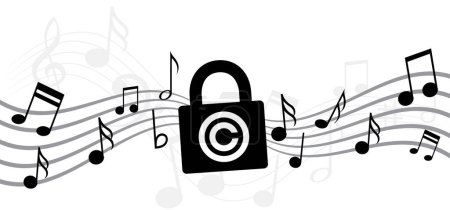 Illustration for Copyright or C letter. Right of first publication. Copy right symbol. Musical note, element, staff pattern. Vector key wave. Sound symbol. concept of legal education. Pad lock privacy logo. Music wave - Royalty Free Image