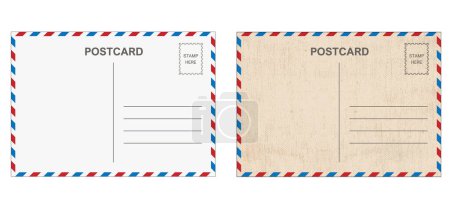 Illustration for Backside blank travel postcard with dirty stain. Vector Air mail par avion postage stamps, stamp old post card. Empty back side template tag. Postale set, print address, track trace. Airmail, postal - Royalty Free Image