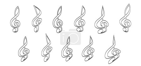 Illustration for Cartoon, draw, musical notes, black treble clef symbol or icon for staff and music note theme. G Clef musical wave. For piano, jazz sound concert notes. Vector clip art tone key sign. G melody, rhythm - Royalty Free Image