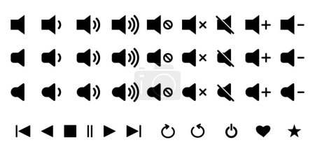 Illustration for Multimedia: Play, pause, replay, previous, mute, and next track. Voice, sound volume icons with different signal levels. Sound, volume, speaker or audio control icon. Sound level. loud noise button. - Royalty Free Image