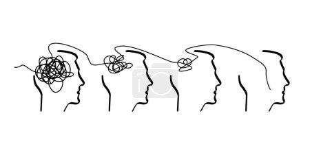 Cartoon Brainstorming und psychische Problemlösung, Psychotherapie-Konzept. Völlige und totale Verwirrung oder mangelnde Ordnung. Gehirne mit Knoten und Ordnung im Kopf eines Mannes. Kritzeleien. Chaosweg.