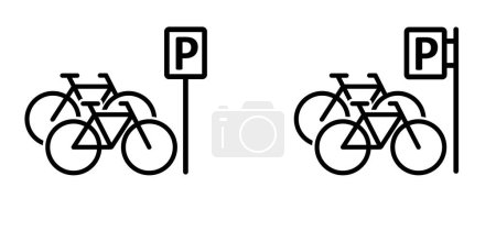Parkplatz, Pin-Standort-Logo. Buchstabe P Parksymbol. Fahne mit dem Muster der Fahrradlinie. Fahrzeug, Verkehrszeichen. Radfahrer-Logo-Schild. Fahrradsymbol. Vektor-Fahrrad. Mountainbiker, Tourenroute.
