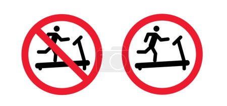 Illustration for Access, forbidden electronic treadmill gym. Stop no allowed treadmills running. Prohibition runner, walking or workout on electric tape. Treadmill machine, Stop, no ban training or fitness concept. - Royalty Free Image