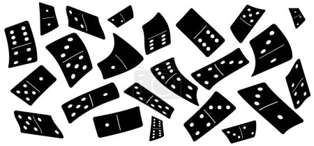 Illustration for Cartoon falling domino tiles. Classic dominoes, domino's pictogram. Playing, parts of game full bones tiles. Black, white domino. Flat vector set. 28 pieces. White chip of domino on board for gambling. - Royalty Free Image