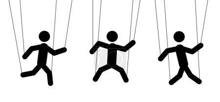 Illustration for Cartoon stickman marionette controlled. Stick figure man, person puppet as a marionettes. Manipulation and influence playing concept. Play role with strings and wires. Hand manipulation concept. - Royalty Free Image