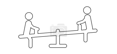 Illustration for Cartoon stick figures man sitting on seesaw. Teetertotter or swing sign, Weighing balance scale concept. Kids, children play on the playground. Facility icon, public facility logo. Business, teamwork. - Royalty Free Image