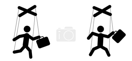 Illustration for Cartoon stickman marionette controlled. Businessman, person puppet as a marionettes. Manipulation and influence playing concept. Play role with strings and wires. Hand manipulation concept. - Royalty Free Image