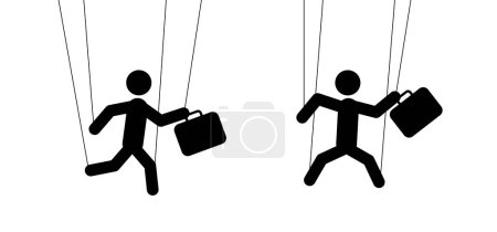 Illustration for Cartoon stickman marionette controlled. Businessman, person puppet as a marionettes. Manipulation and influence playing concept. Play role with strings and wires. Hand manipulation concept. - Royalty Free Image