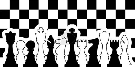 Téléchargez les illustrations : Pièces d'échecs tour cheval évêque, roi reine Chess Board Setup icône vectorielle ou pièces de symbole Style plat les positions de départ chiffres pièces tournoi stratégie silhouette damier. Vérificateur carré - en licence libre de droit