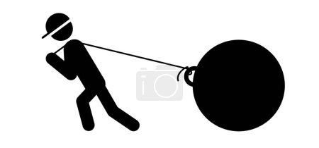 Illustration for Man pulling weight. Stick figure man pulls a huge weight. Businessman twitch the big ball with rope. Person lifting or pull heavy burden. Huge large block. Heavy load, ragging a giant heavy weight. - Royalty Free Image