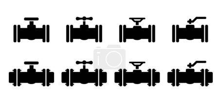 Illustration for Water, oil or gas M3 pipeline with fittings and valves. Pipeline and black tap, open, close. Globe valve icon or pictogram. Vector pipe fitting symbol. Wastewater or Waste water logo. Distribution line. - Royalty Free Image