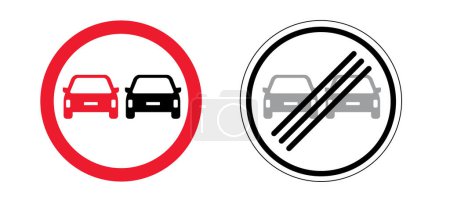 Illustration for Non overtaking for cars signboard and End of overtaking ban. Stop, prohibition sign. Traffic, vehicle car symbol. No overtaking. Forbidden icon. Overtaking is prohibited. Road signboard - Royalty Free Image