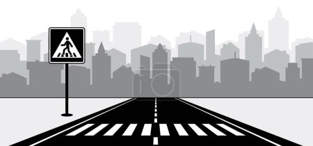 Illustration for Traffic light, city street with zebra lines road marking and stoplight. Crosswalk icon. Pedestrian crossing sign. Zebra icon. Pathway strips or planes. Crosswalk stripes on car road and traffic signal - Royalty Free Image