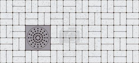 Téléchargez les illustrations : Drain de sol ou d'orage sur un sol en pierre de brique, Pour l'eau courante dans la douche ou le drain de douche. Drain trou dans le sol carrelage d'une douche. Drain d'eau dans la salle de bain ou la cuisine. Signe de sol de drainage douche. - en licence libre de droit