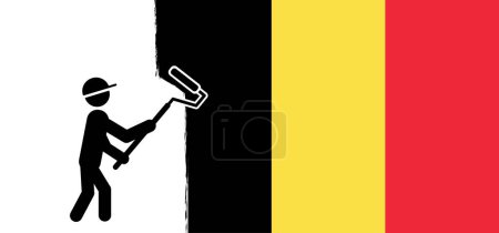 Ilustración de Bandera de Bélgica con rodillo de pintura de color. Banderas vectoriales. Personas pintando la bandera de Bélgica con rodillos de pintura. Pinceladas grunge pintadas bandera nacional del país - Imagen libre de derechos