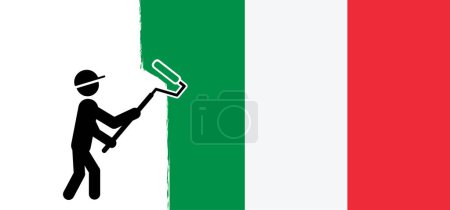 Ilustración de Bandera de Italia con rodillo de pintura de color. Banderas vectoriales. Personas pintando la bandera de Italia con rodillos de pintura. Pinceladas grunge pintadas bandera nacional del país - Imagen libre de derechos