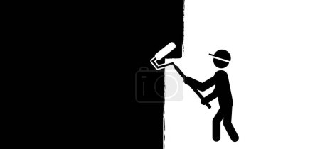 Ilustración de Cartoon stickman, stick figure man with color paint roller. Vector home improvement or house renovation. People painting interior wall with paint rollers and repairing. Handyman, tools icon. - Imagen libre de derechos